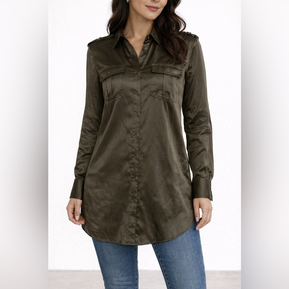 Zara Woman 100% Silk Olive Green Utility Shirt Tunic Dress Epaulettes Size M